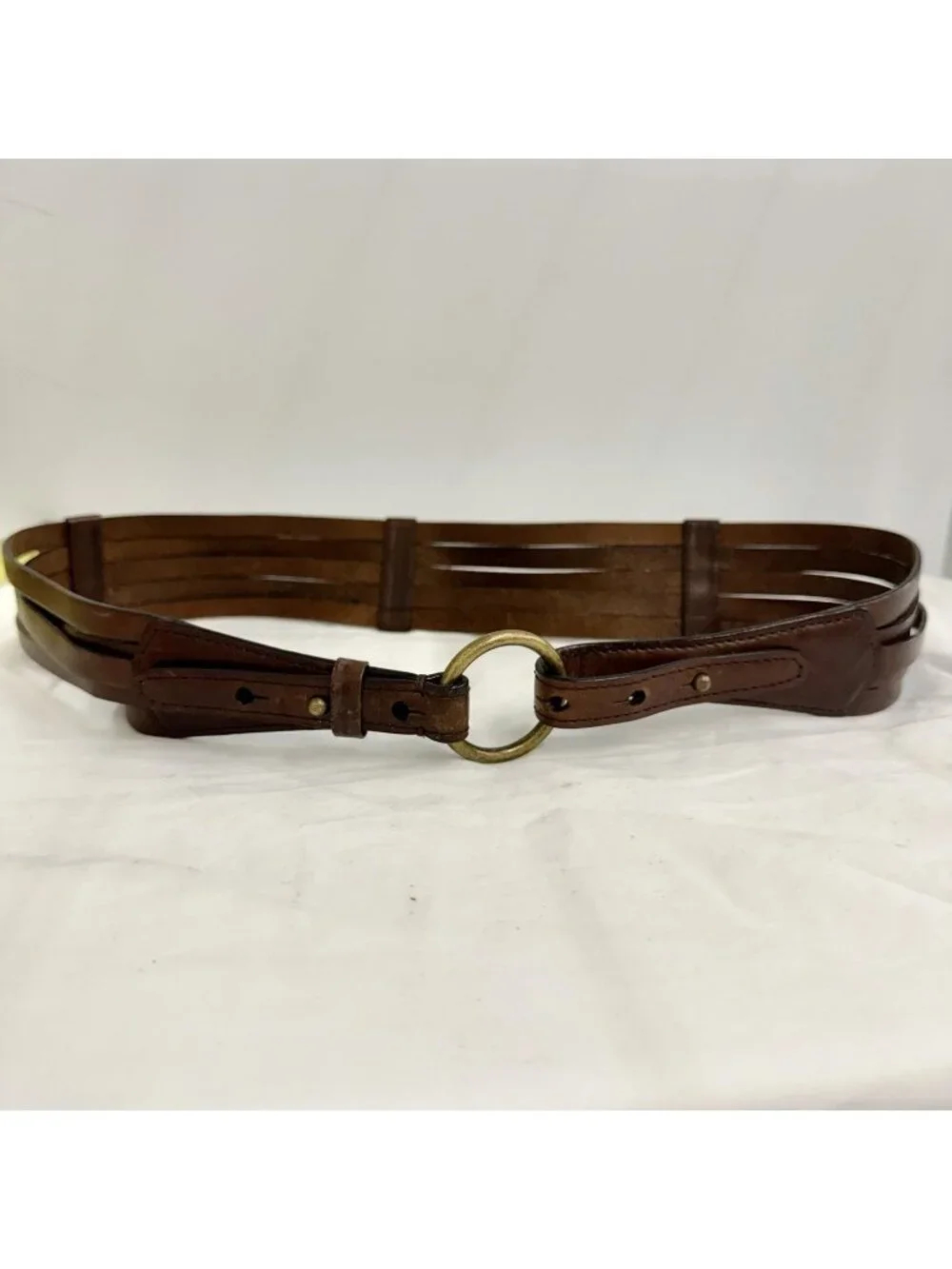 Eddie Bauer O-Ring Hip Belt Women Small Brown Leather Brass Buckle Rustic